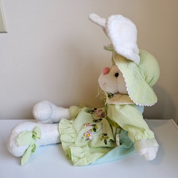 Decorative Easter Bunny Rabbit Plush White Green Floral Embroidered Dress 23" - Picture 8 of 12